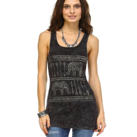 Urban X Womens Sleeveless Tank Top With Elephant & Arrow Design Acid Wash Gray - Picture 1 of 8